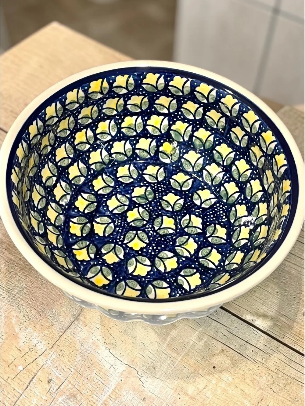 Manufaktura Polish Pottery 9” Serving Bowl Blue Yellow Floral Handmade Poland
